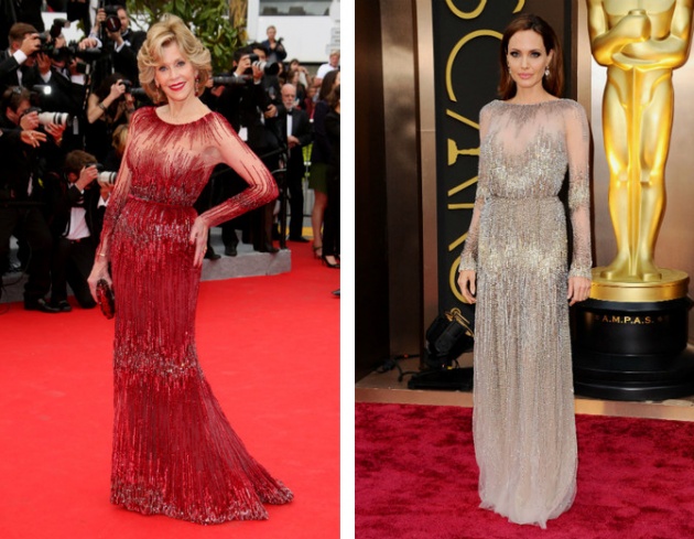 Кто выглядит лучше в платье Elie Saab в разном цвете - Джейн Фонда или Анджелина Джоли?
